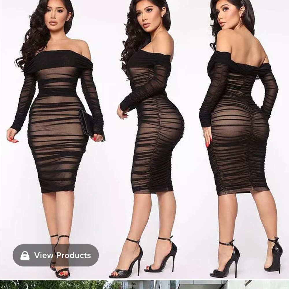 Fashion Nova Black Tan Off-Shoulder Bodycon Dress